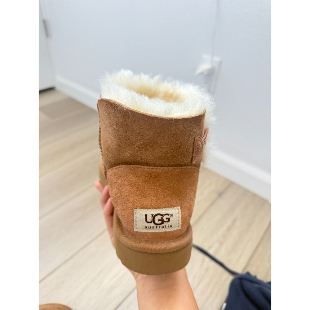 UGG Women's Mini Bailey Button II Chestnut Suede Shearling Boots